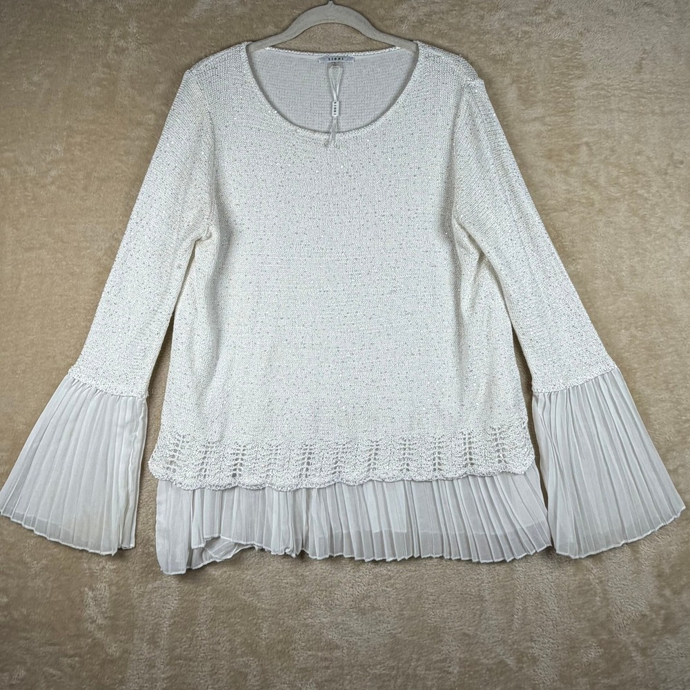 SIONI Sequin Knit Top Chiffon Pleated Bell Sleeve Layered Hem Ivory Whiteā L